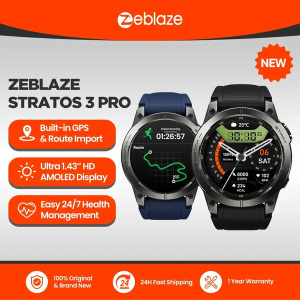 Zeblaze Stratos 3 PRO GPS Smart Watch – AMOLED Display & Bluetooth Calls