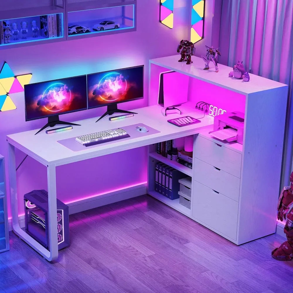55" L-Shaped Corner Computer Desk with Drawers & Bookshelf