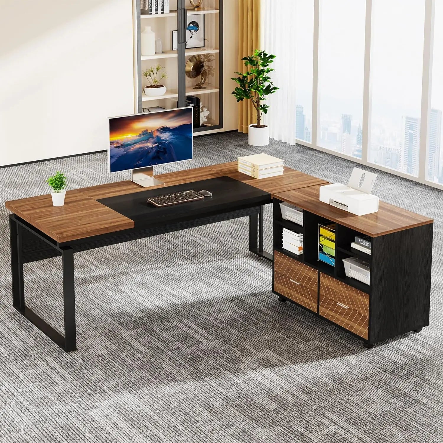 L-Shaped Executive Office Desk with Reversible File Cabinet