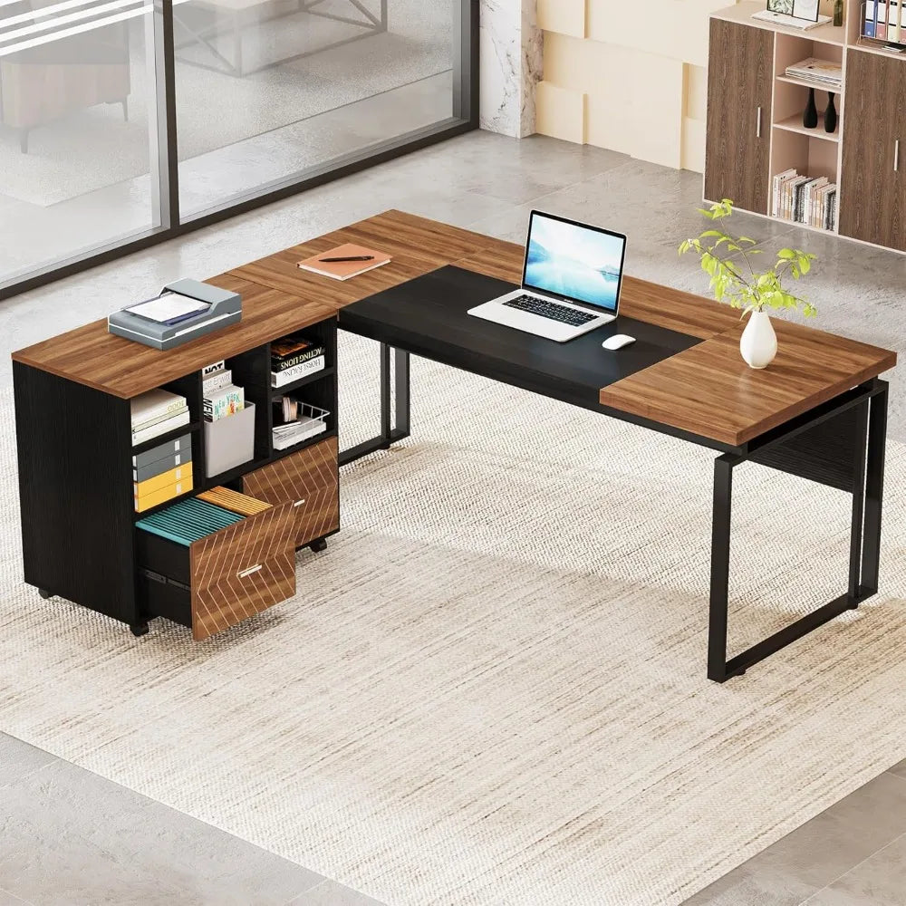 L-Shaped Executive Office Desk with Reversible File Cabinet