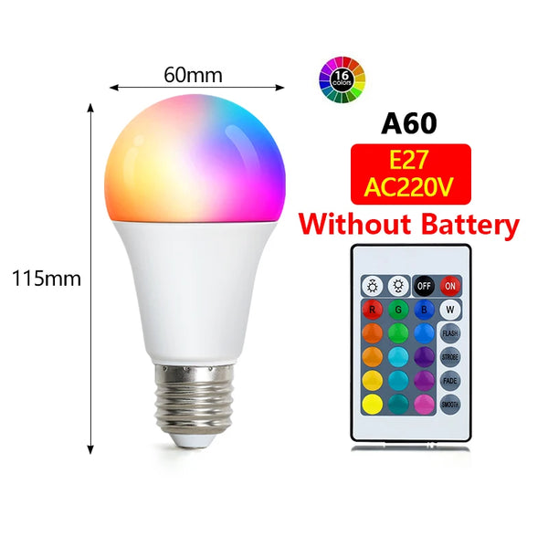 16-Color RGB LED Bulb – E27 Dimmable Multicolor Light with Remote