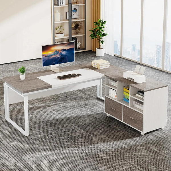 L-Shaped Executive Office Desk with Reversible File Cabinet