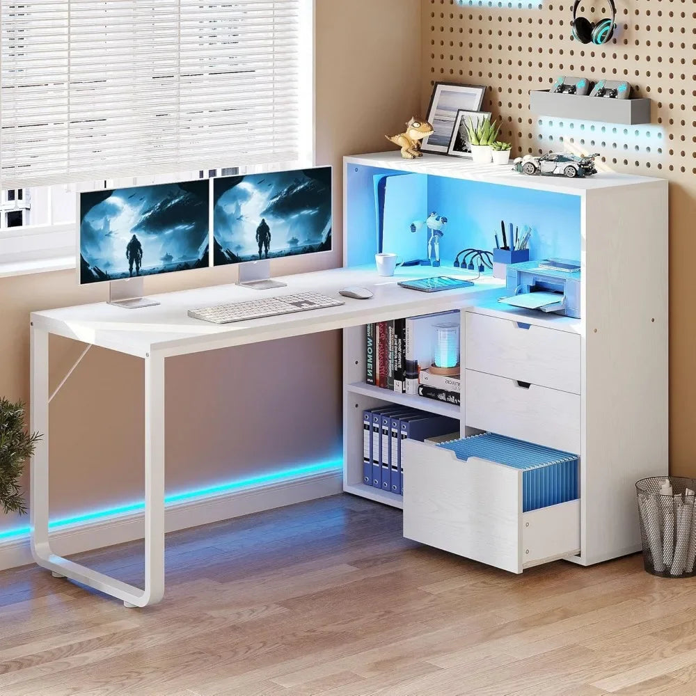 55" L-Shaped Corner Computer Desk with Drawers & Bookshelf