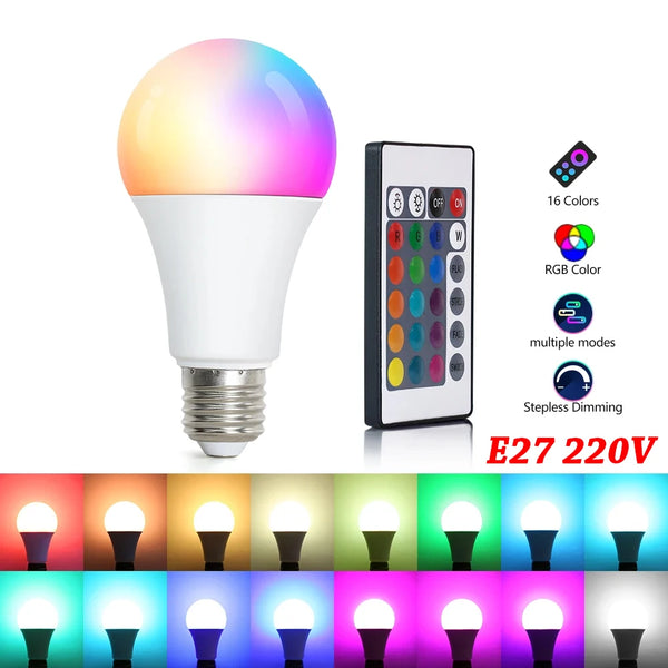 16-Color RGB LED Bulb – E27 Dimmable Multicolor Light with Remote