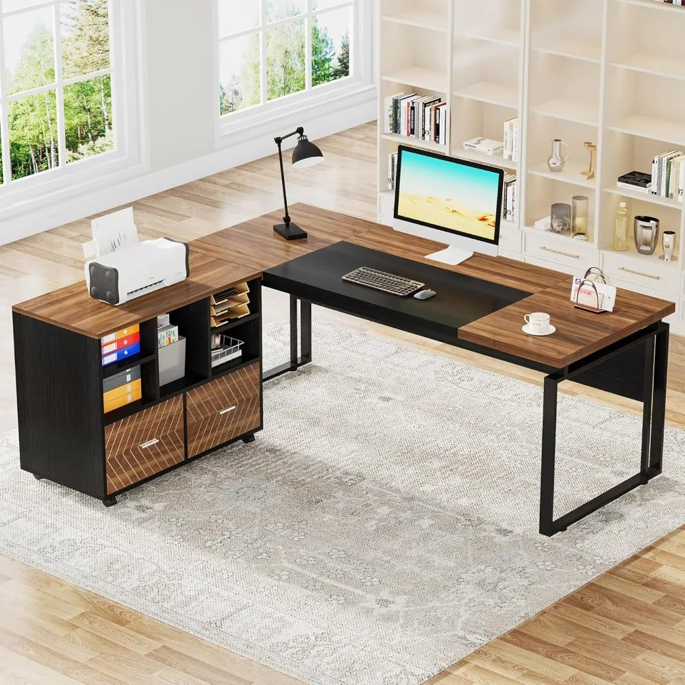 L-Shaped Executive Office Desk with Reversible File Cabinet