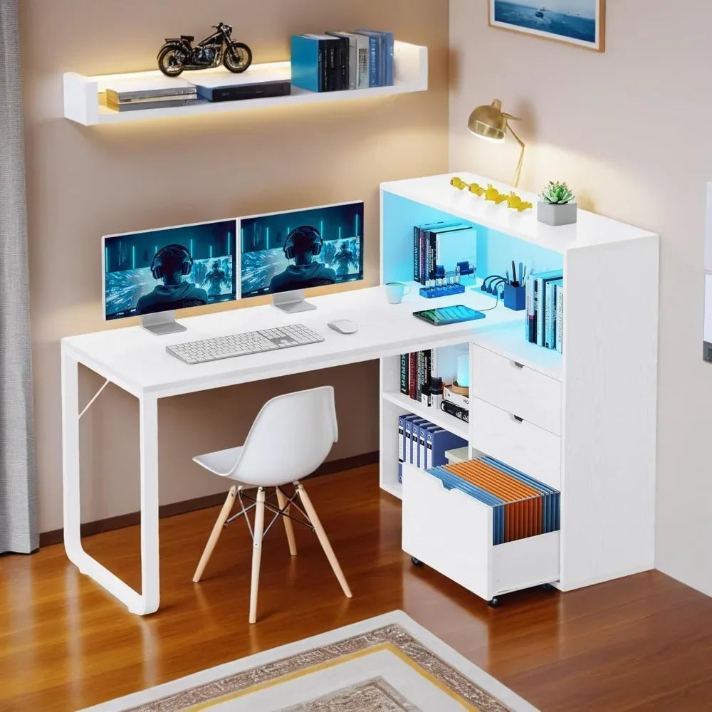 55" L-Shaped Corner Computer Desk with Drawers & Bookshelf
