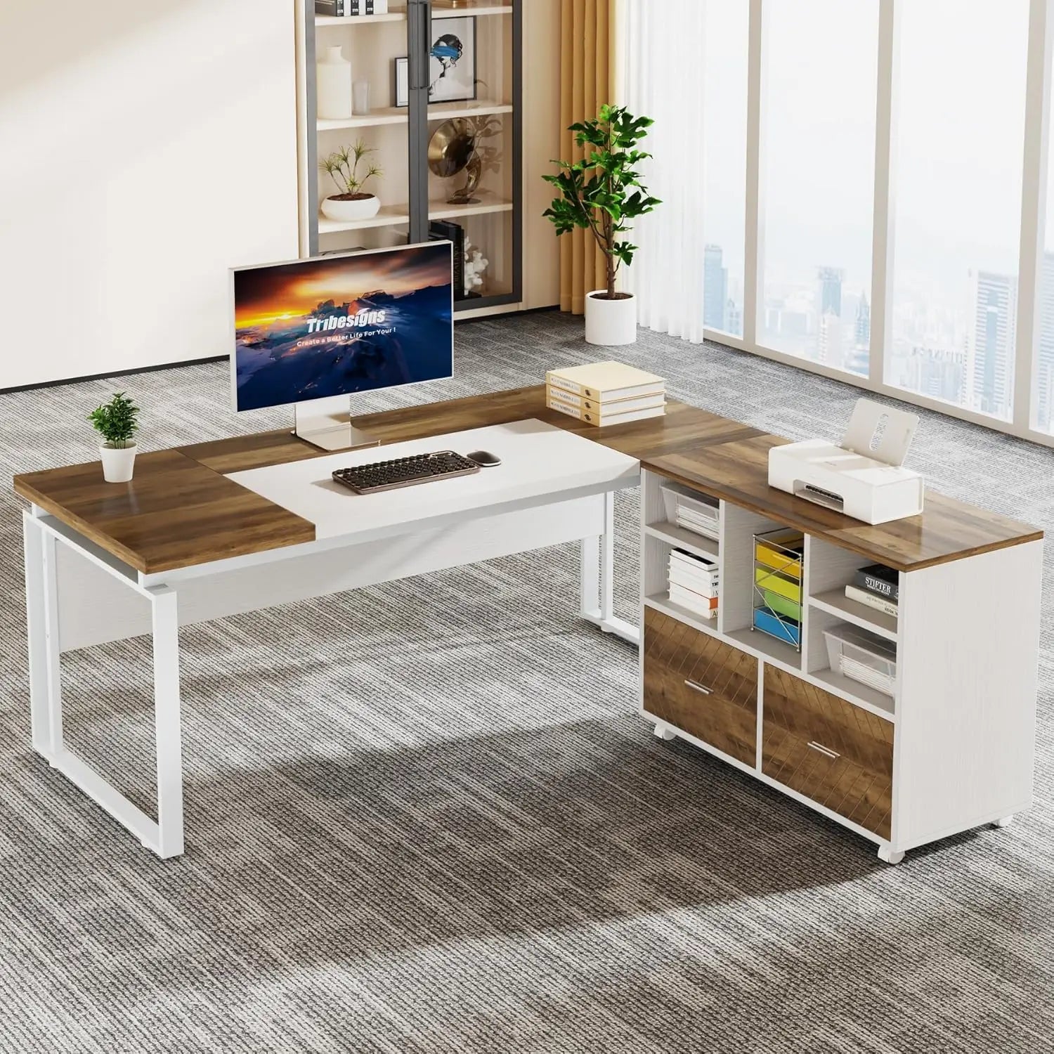 L-Shaped Executive Office Desk with Reversible File Cabinet
