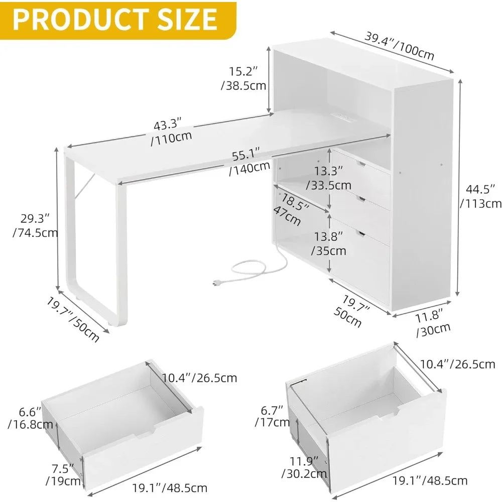 55" L-Shaped Corner Computer Desk with Drawers & Bookshelf